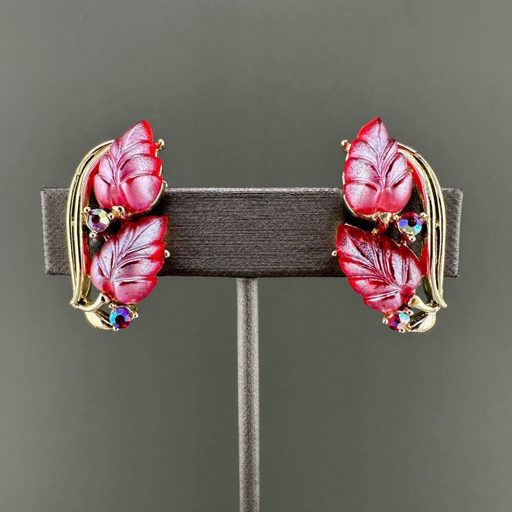 Vintage Rhinestone Flower Earrings Magenta Pink AB Crystal Leaf Climber Signed